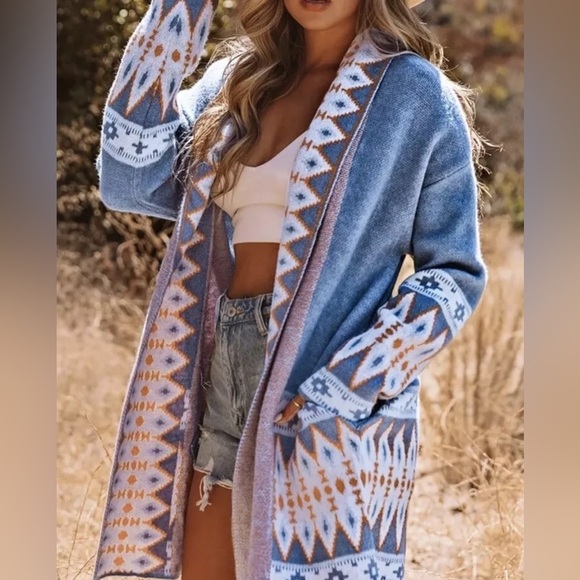 Cardigan Aztec Sweater ~ Long Sleeve Tribal Print Wool Knit Open Front in Blue - Picture 12 of 16